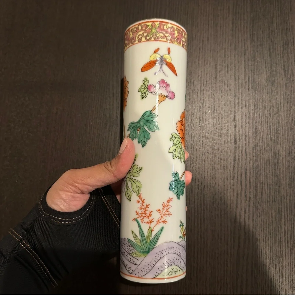 Vintage Oriental Asian Multicolor Artwork Cylindrical Round Vase 8” Tall approx.